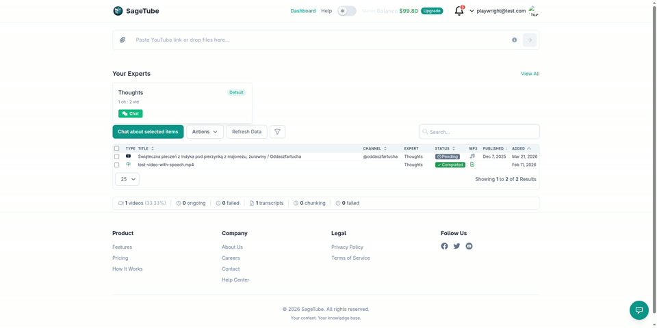 SageTube demo: asking a question and getting a cited answer